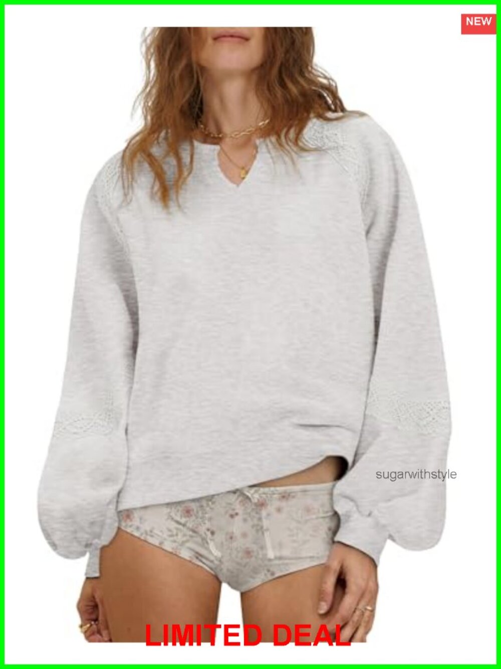 Oversized Cropped Sweatshirt Embroidered Crochet Pullover Cotton Polyester
